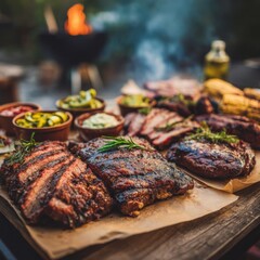 Grilled meats & sides on a wooden board outdoors, with a fire grill in the background, blurry & warm atmosphere