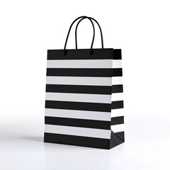 Black and white striped shopping bag standing on white background