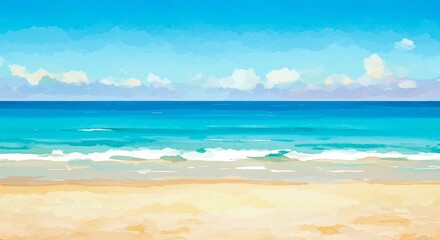 Obraz premium Watercolor Illustration Of Beach Seaside With Blue Sky White Clouds And Waves