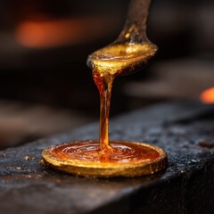 Molten amber liquid drips from a spoon onto a dark, textured surface, creating a small circular pool