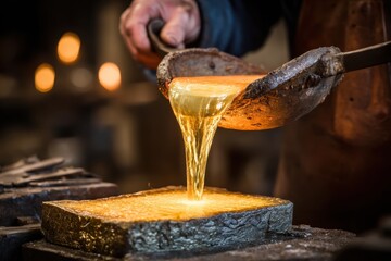 Molten metal poured from a ladle onto a mold; hands, dark background, golden liquid, sparks, heat