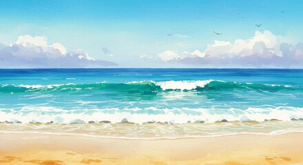 Obraz premium Watercolor Seascape Illustration Of Beach Ocean Waves And Blue Sky