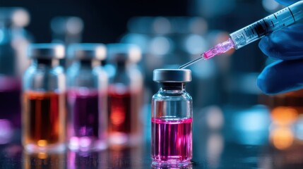 Vial filled with pink liquid being extracted by syringe, amidst blurry vials