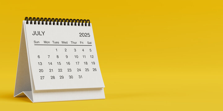 White Desk Monthly July 2025 Business Calendar. 3d Rendering