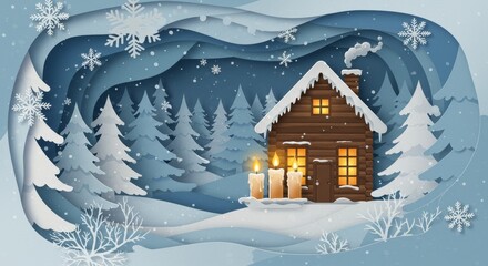 Winter Cabin Illustration With Candles In Snowy Forest Landscape Background