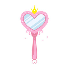 Princess mirror. Baby hand mirror with pink heart border. Handheld Makeup Frame. Vintage Vector illustration in flat cartoon style.