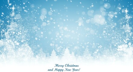 Winter Christmas Background Of Snowy Trees With Falling Snow And Lights