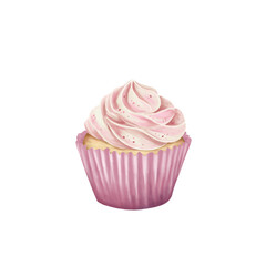 Delicious cupcake with pink icing isolated watercolor hand drawn illustration. Symbolize happiness, friendship, and celebration.