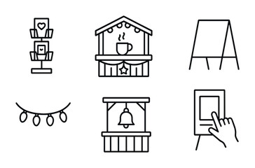 Holiday market icon set: coffee stall, bell stand, greeting cards, and more
