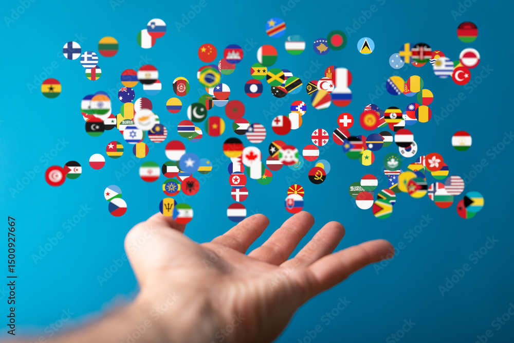 Poster diverse flags float towards an outstretched hand, symbolizing global unity and connection.