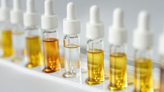 Rows of vibrant glass vials with droppers showcasing liquid transformation process
