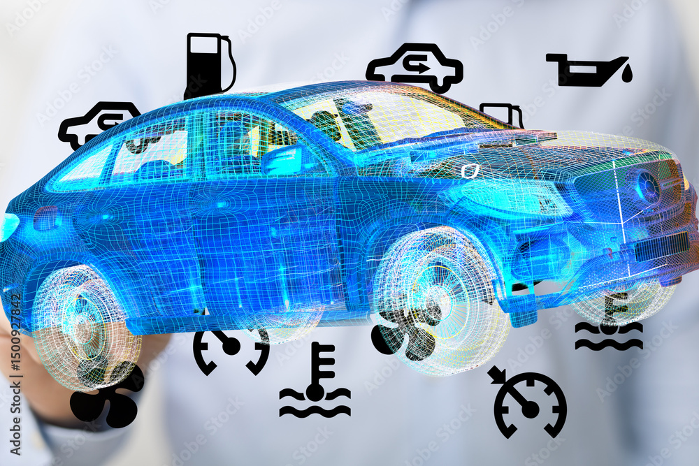 Poster 3D render of a car with various dashboard warning lights and sensors displayed.