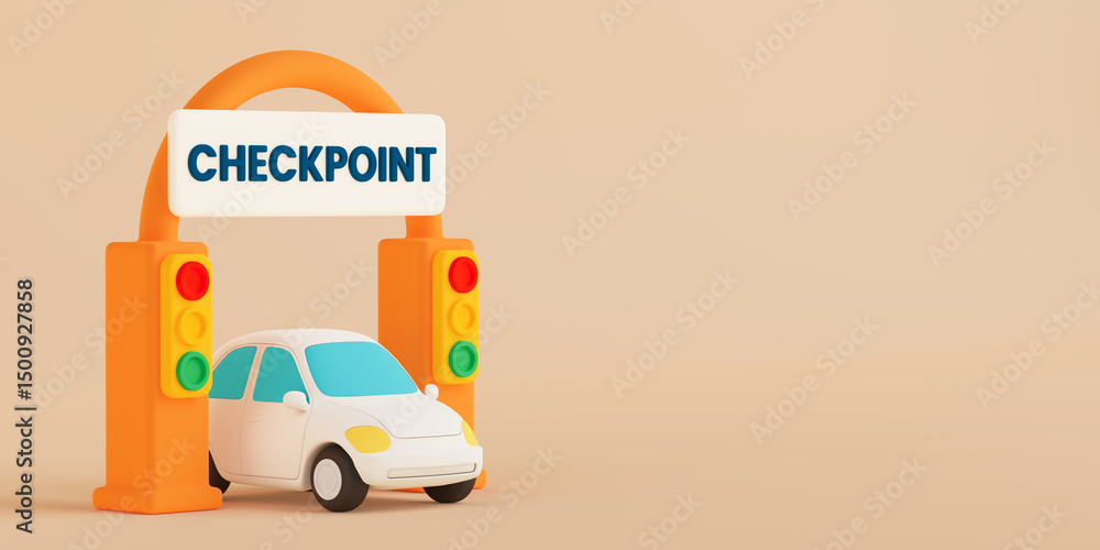 Poster security and access control concept. white car passing through checkpoint gate with traffic lights. 