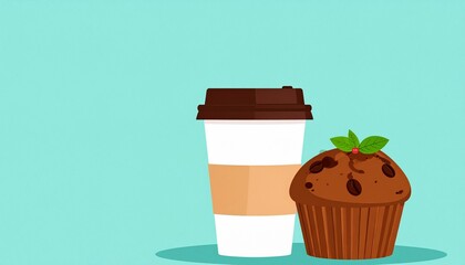 Chocolate muffin and paper coffee cup close-up with a place for text