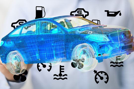 3D render of a car with various dashboard warning lights and sensors displayed.