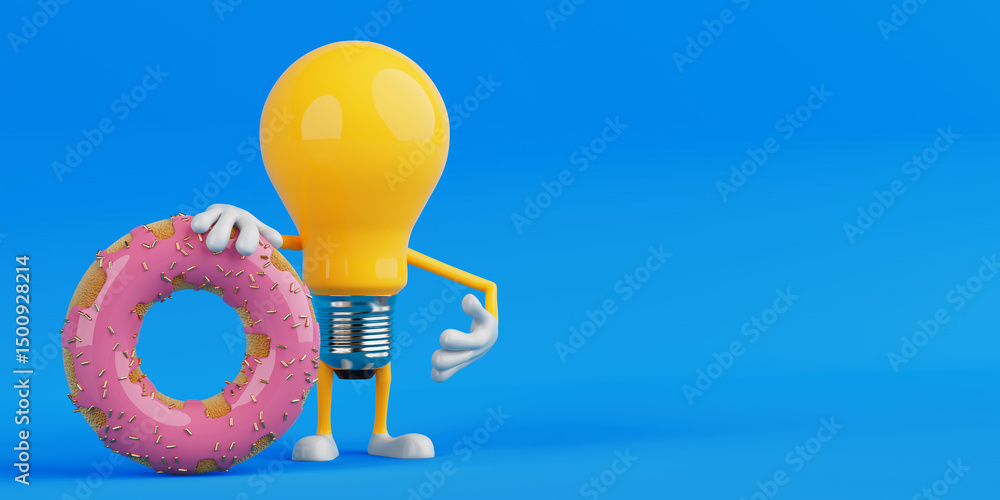 Poster sweet idea concept. light bulb character holding pink glazed donut with sprinkles. 3d rendering