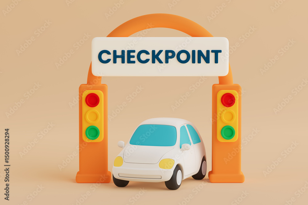 Poster security and access control concept. white car passing through checkpoint gate with traffic lights. 