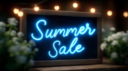 A sign that says Summer Sale is lit up in blue