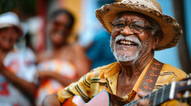 Portrait of Senior Man Playing Guitar Outdoors