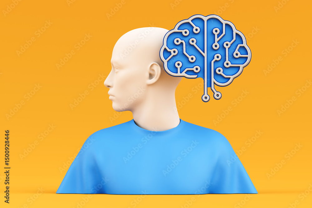 Poster Artificial Intelligence And Human Integration Concept. Human Bust With Circuit Brain. 3d Rendering