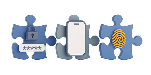 Cybersecurity Components Concept. Puzzle Pieces With Lock, Smartphone, And Fingerprint. 3d Rendering