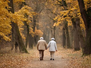 Elderly couple walking hand in hand on autumn forest path