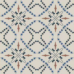 Seamless vintage damask floral tile design in blue and earthy tones, perfect for textile prints and home decor.
