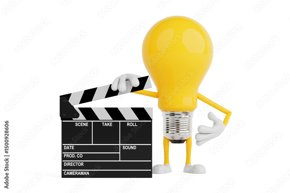 Poster creativity and movie making concept. yellow light bulb character holding clapperboard. 3d rendering