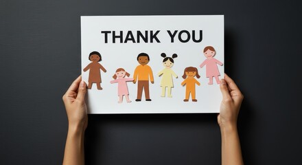 Diverse Family Thank You Card - Hands hold a thank you card featuring diverse paper cutout figures of a family