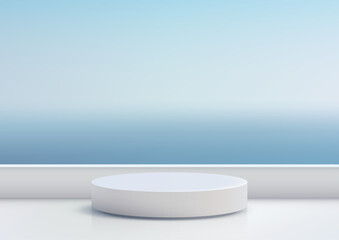 minimalist product display white cylindrical podium on gradient blue sky mockup showcase modern clean aesthetic