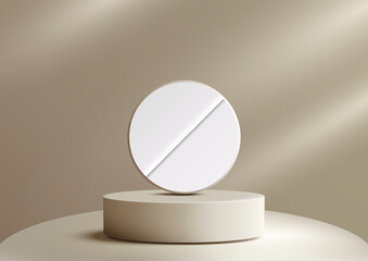 minimalist white pill on beige pedestal mockup, health product display isolated on gradient backdrop, medical showcase clean aesthetic