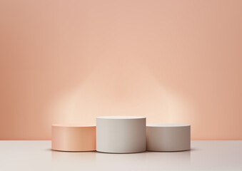 minimalist product showcase on cylindrical pedestals pastel tones peach beige white glossy surface smoke background winner concept mockup