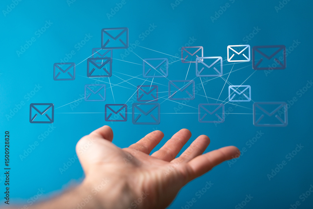 Poster image of a hand reaching for a network of email icons, representing global communication and connect