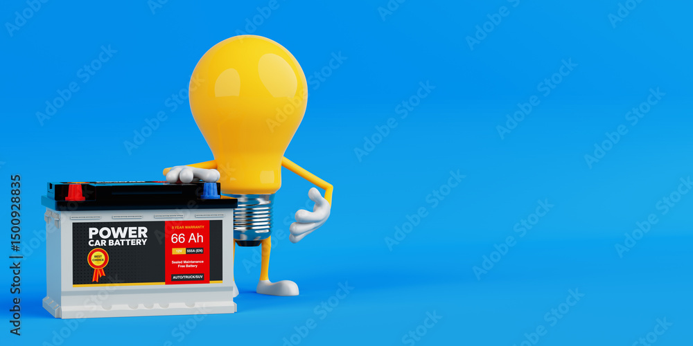 Poster energy and power supply concept. yellow light bulb character standing next to car battery. 3d render