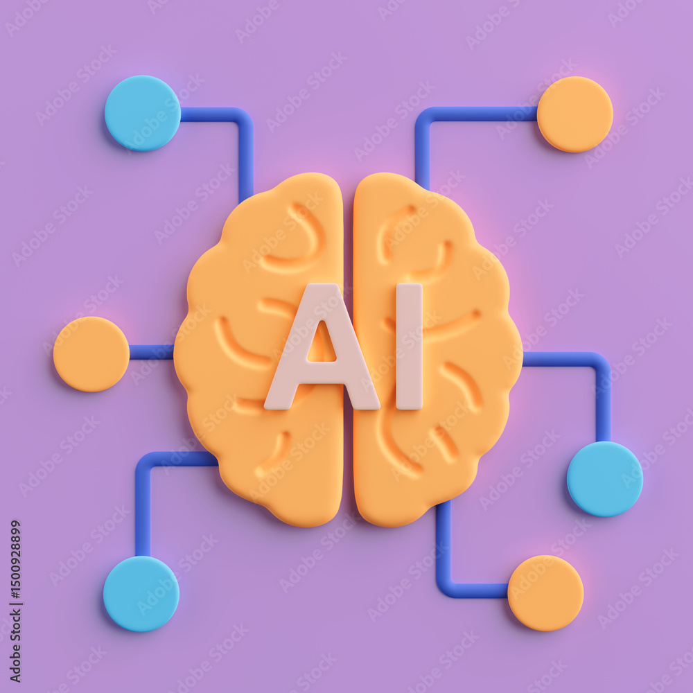 Poster Artificial Intelligence Brain Concept. Orange Brain With AI Letters And Neural Nodes. 3d Rendering