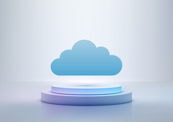 minimalist 3d cloud floating above glowing white podium modern technology concept mockup showcase futuristic abstract design