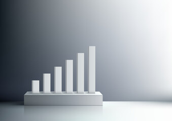 modern minimalist 3d bar graph showing upward trend on white platform grey gradient business growth