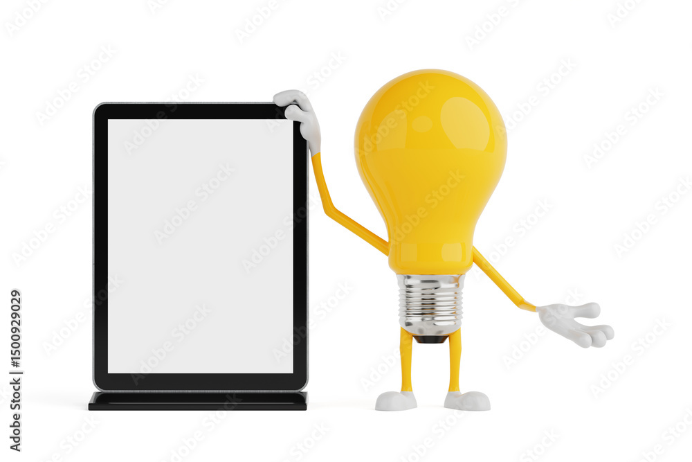 Poster technology and presentation concept. yellow cartoon light bulb character standing next to blank digi