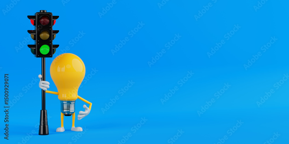 Poster go signal and traffic concept. yellow cartoon light bulb character holding traffic light with green 