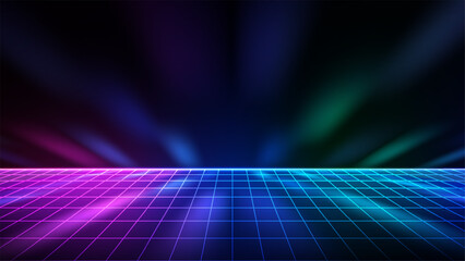 retro cyberpunk neon grid floor glowing pink blue purple green light futuristic abstract background