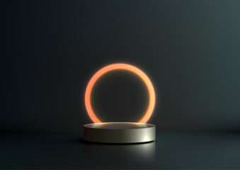 3D sleek metallic gray cylindrical podium stand with glowing neon red frame technology mockup 3d render modern showcase