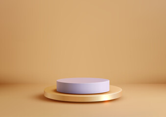 minimalist 3d luxury podium mockup on gold base, elegant product display showcase isolated on soft brown background