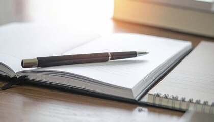 Open notebook with pen on wood table; light source on pages