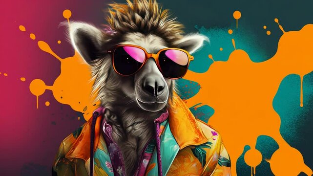 Cool llama in colorful jacket and sunglasses splashed with vivid paint