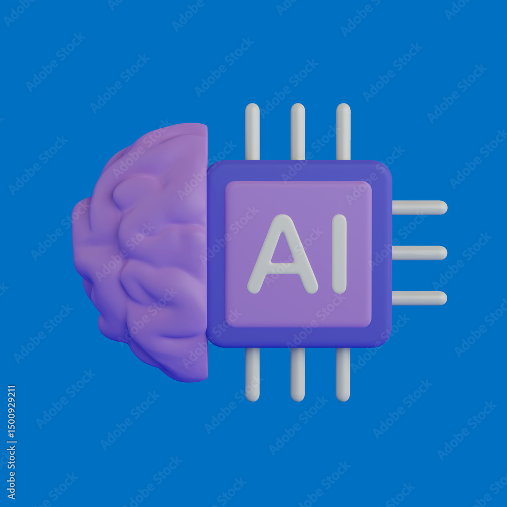 Poster Artificial Intelligence Concept. Brain Connected To Microchip With AI Letters. 3d Rendering