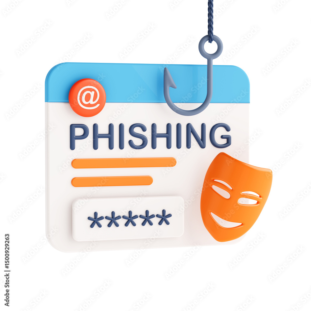 Poster cybersecurity threat awareness. phishing login interface with hook and mask symbolizing data theft. 