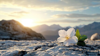 Delicate White Flower on Rocky Peak at Golden Hour Sunset flower sunset peak white flower bloom leaf