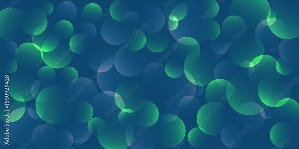Poster a dark blue abstract background with many overlapping green circles, disks pattern with gentle gradi