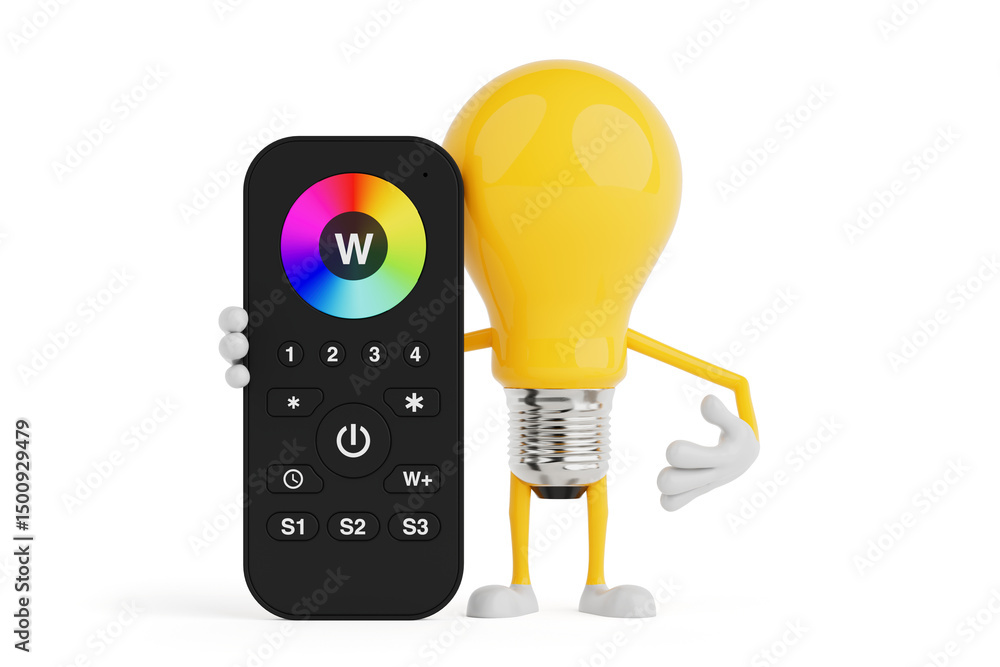 Poster Smart Control Concept. Yellow Cartoon Light Bulb Character Holding LED Light Remote With Color Wheel. 3d Rendering