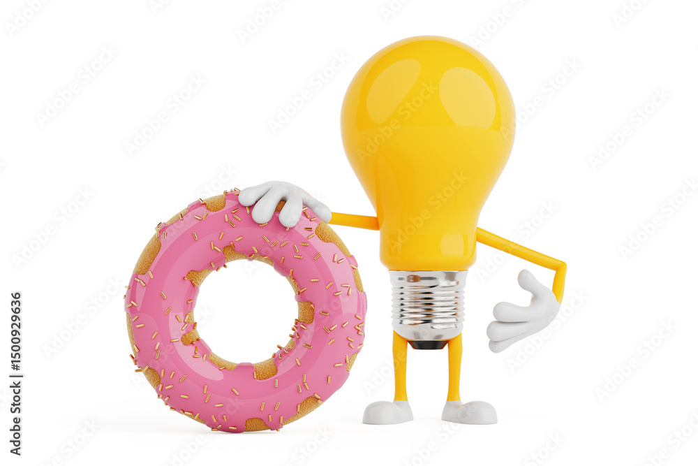 Aufkleber sweet idea concept. light bulb character holding pink glazed donut with sprinkles. 3d rendering